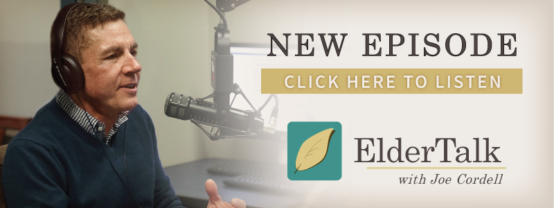 Joe Cordell talking into a microphone for ElderTalk podcast